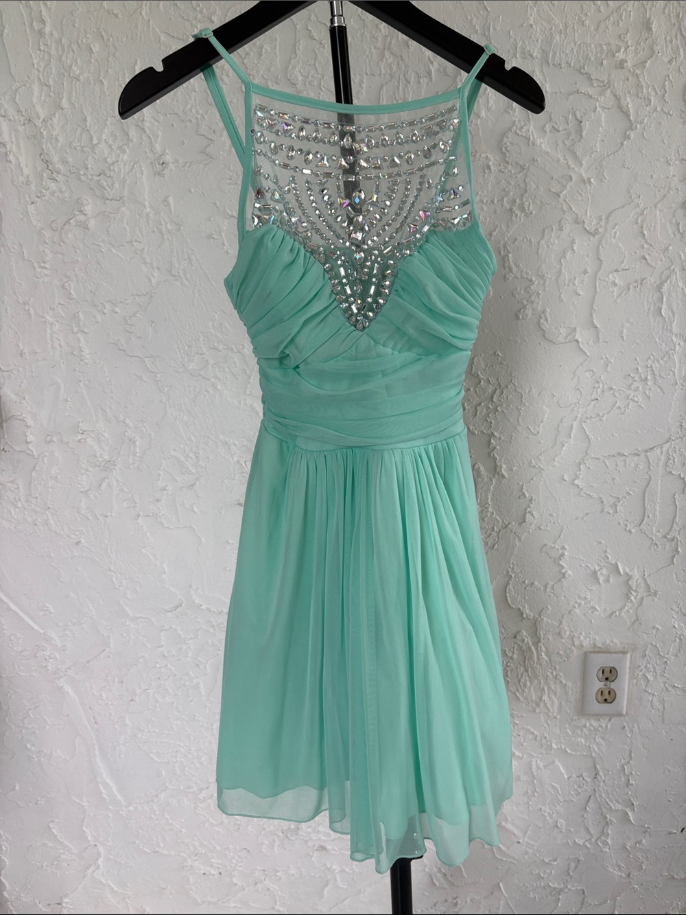 B Darlin Mint Chiffon Mini Dress with Beaded Illusion Neckline